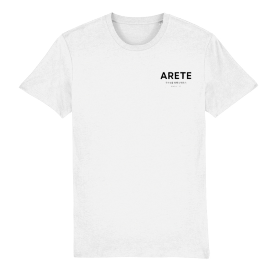 White t-shirt with 'ARETE' logo on a white background