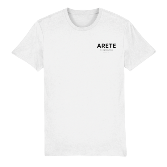 White t-shirt with 'ARETE' logo on a white background