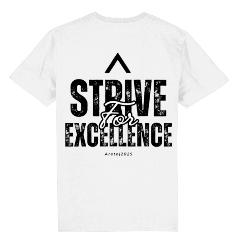 White t-shirt with 'Strive for Excellence' text and logo on a white background