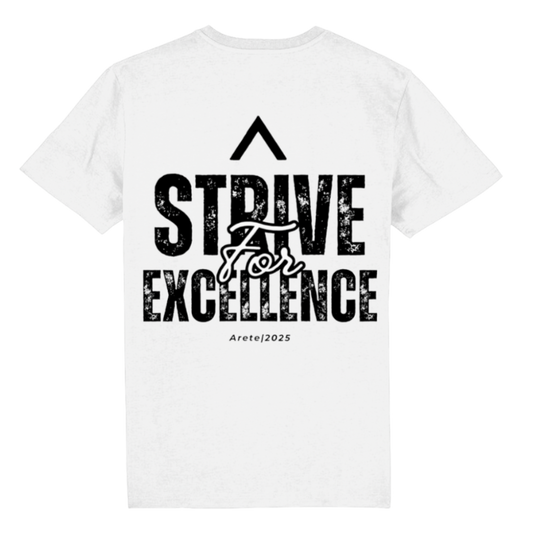 White t-shirt with 'Strive for Excellence' text and logo on a white background
