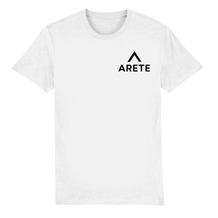 White t-shirt with 'ARETE' logo on a white background